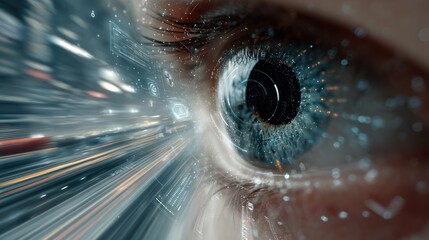 Extreme closeup of human eye with digital interface overlay and motion blur.