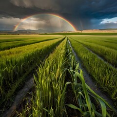 Green Wheat Field with Corn Row Under Double Rainbow