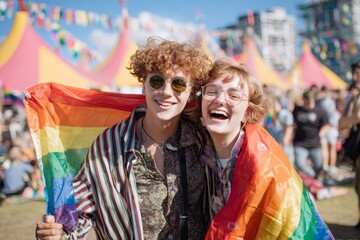 Obraz premium Two happy young people at LGBT festival, rainbow flags and crowd in the background.