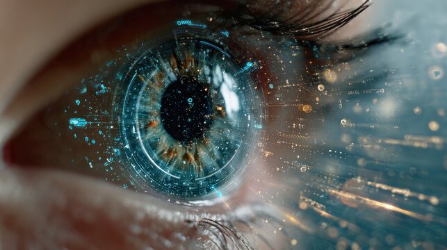 Macro view of human eye overlaid with futuristic digital interface elements