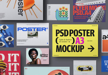 Poster Mockup Set - A3, A4 & A5 Horizontal Flat-Lay (12 Objects)