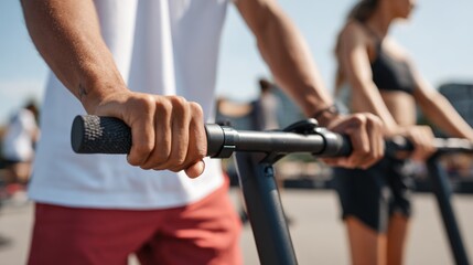 Close up of hands gripping electric scooter handlebars outdoors