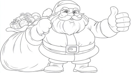 Line art of a smiling, rotund Santa Claus giving a thumbs-up and carrying a gift sack