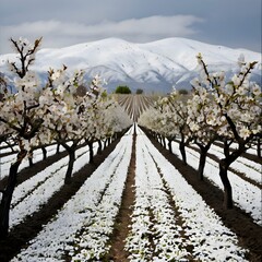 Snow-Dusted Blooming Almond Orchard with Mountain Backdrop