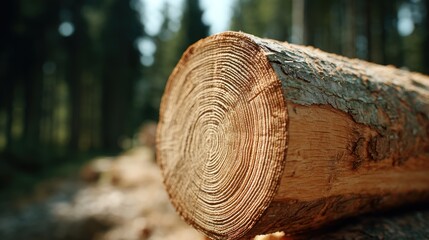 Close up of a freshly cut tree log end in a forest setting.