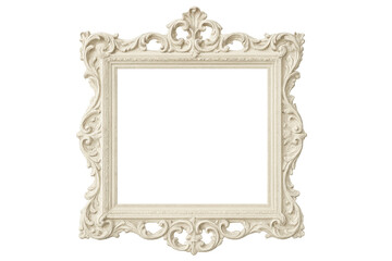 Ornate vintage rococo style picture frame, empty and decorative, with intricate white antique carved design