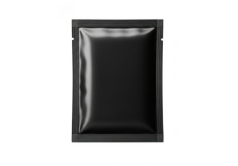 A single black sachet packet is centered on a transparent background, offering a sleek and minimalist design for product presentation