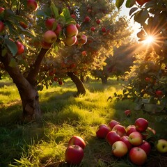 Ripe Red Apple Orchard with Golden Sunlight and Green Grass