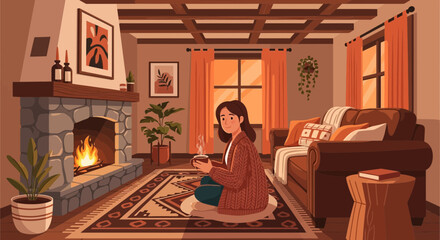 Cozy evening scene with a woman enjoying a warm drink by the fireplace