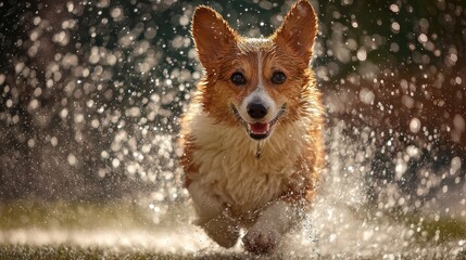 Wet dog running through water spray with bright bokeh background