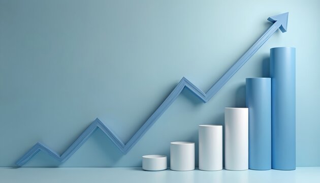 Blue, white graph with rising arrow. Business growth chart. Financial success diagram. Increasing profit graph. Economy trend illustration. Statistical data analysis. Marketing report. Company