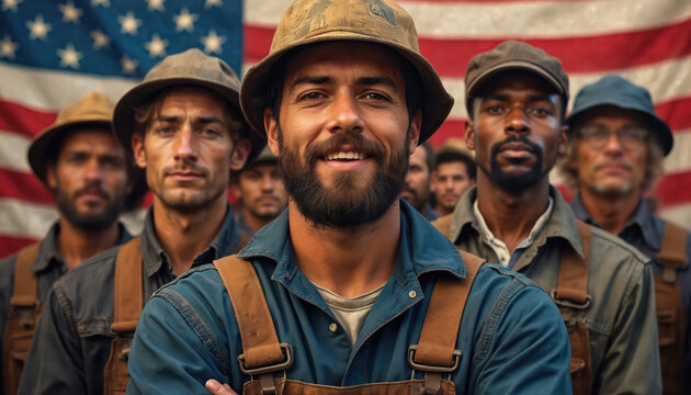 Diverse group of American laborers stand proudly before flag. Men wear work overalls and hats, smiling and ready for duty. Represents unity, hard work, and patriotism in manufacturing and industry. - Powered by Adobe
