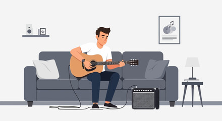 Man playing acoustic guitar on sofa in living room with amplifier illustration