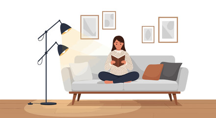 Serene reading: Woman enjoying book on couch in minimalist living room