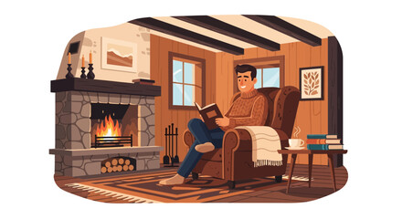 Cozy day indoors, man reading by the fireplace in a rustic cabin setting