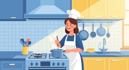 A cheerful chef prepares a culinary delight in a stylized, vibrant kitchen scene