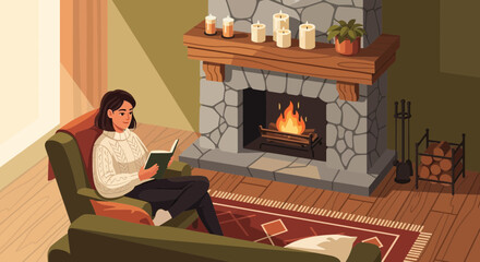 Serene illustration of a woman reading by a cozy fireplace indoors