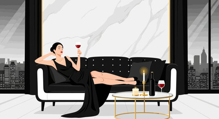 Elegant Woman Relaxes with Wine in Sophisticated City Apartment Setting