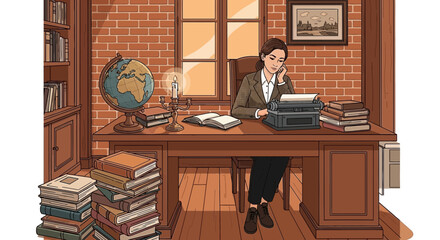 Contemplative writer at her desk, vintage charm and creative inspiration evoked
