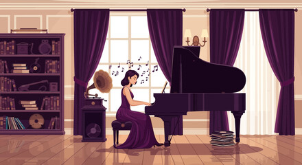 Enthralling music in a vintage-style room, where a pianist plays with emotion