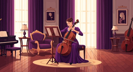 Elegant cellist playing in a sophisticated living room with artistic decor