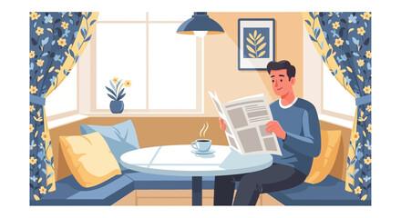 A man reading a newspaper in a cozy corner setting with natural sunlight