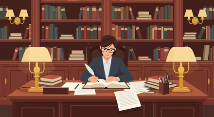 Woman engrossed in literary work using a quill in a classic library setting