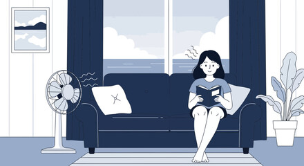 Illustration of a woman reading a book in a living room on a hot summer day