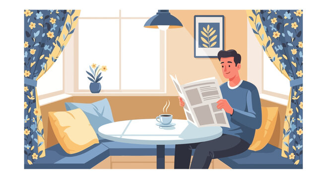 A man reading a newspaper in a cozy corner setting with natural sunlight