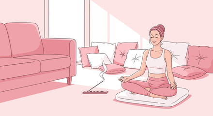 Serene Meditation: Woman Finding Balance in a Peaceful Indoor Setting