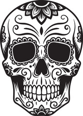 Fototapeta premium Black and white sugar skull with intricate floral and scrollwork decorations Keywords: skull, sugar skull, day of the dead, dia de los muertos, calavera, skeleton, death, on transparent background