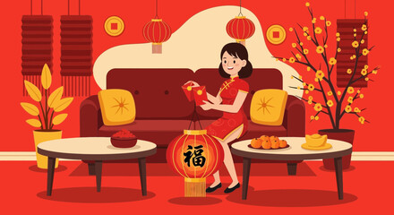 Elegant depiction of a traditional chinese lunar new year family celebration