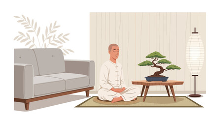 Mindful meditation practice indoors with bonsai tree and minimalist decor