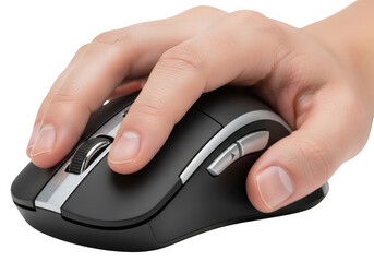A hand is using a black wireless computer mouse, showcasing ergonomics and technology isolated on transparent background