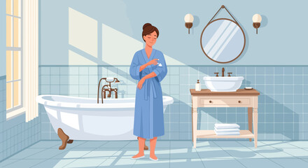 Cartoon illustration showcasing a bathroom scene with a woman applying cream