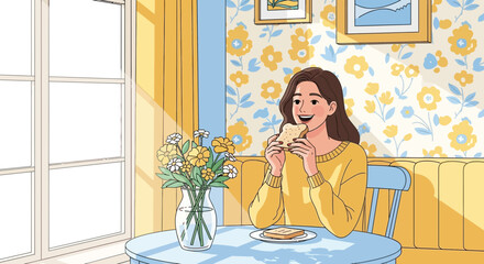 Delightful morning moment: Young woman enjoys breakfast toast in sunlit room