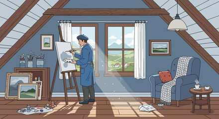 Artist at work in a charming attic studio filled with light and inspiration