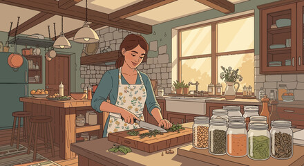 Warm kitchen scene: A woman preparing food with jars and sunlight filtering through
