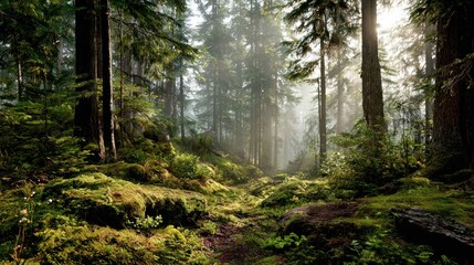 Sunlit misty forest floor covered in lush green moss and tall trees.