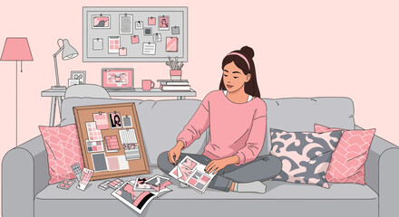 Creative lifestyle concept featuring a young woman organizing mood boards on her sofa