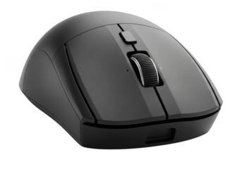 A sleek black wireless computer mouse isolated on transparent background is ready for work or play