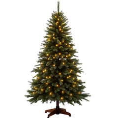 A green Christmas tree with white lights on a white background.