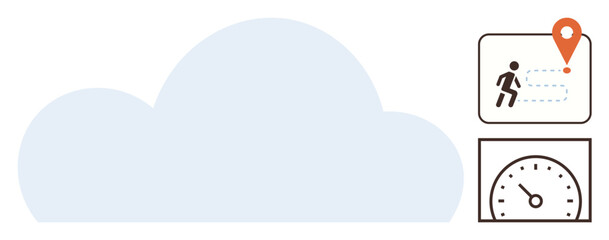 Cloud graphic with navigation pin, path, running icon, and speedometer emphasizes movement, tracking, and efficiency. Ideal for technology, fitness, navigation analytics productivity progress
