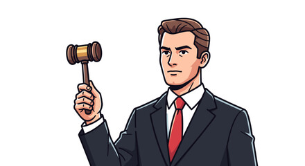Naklejka premium Auctioneer holding a gavel illustration of a man in a suit isolated on white background