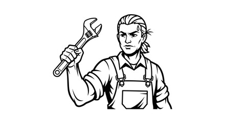 Illustration of a determined mechanic holding a wrench a vector line art design for service industry branding and promotional materials isolated on white