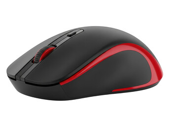 A wireless computer mouse with black and red accents is isolated on transparent background, showcasing its ergonomic design