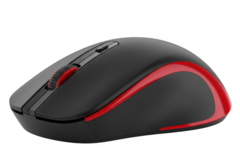 A wireless computer mouse with black and red accents is isolated on transparent background, showcasing its ergonomic design