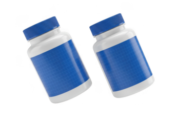 Two white plastic bottles with blue labels and caps are isolated on transparent background, perfect for showcasing pharmaceutical or supplement products