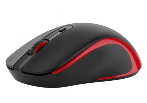 A wireless computer mouse with black and red accents is isolated on transparent background, showcasing its ergonomic design