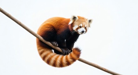 Red Panda on Branch Cute Ailurus fulgens Portrait, isolated on white background